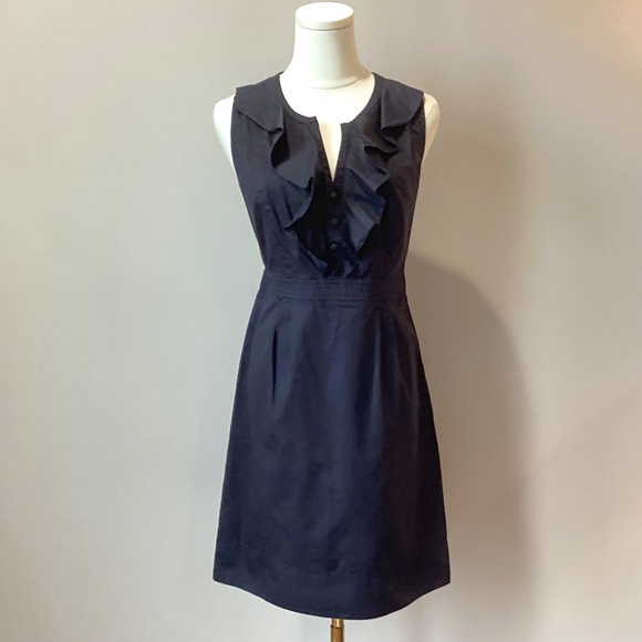 LOFT Black Mini Deep V Shift Dress with Ruffle Button Bodice - 8P - Picture 1 of 6